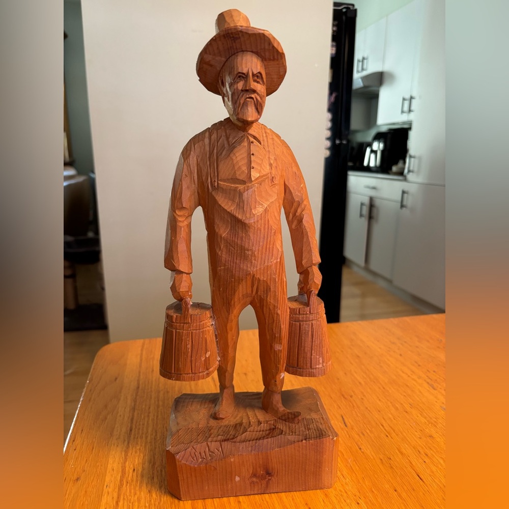 Vtg Folk Art - Juby Wood Carving Sculpture-Farmer with Buckets